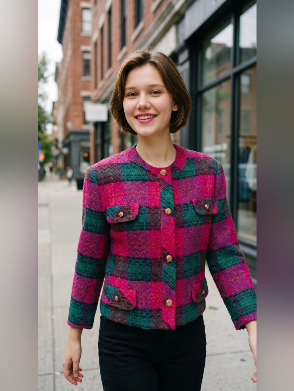 LOMBARDI INC Women's Pink & Green Plaid Button Blazer Size 8